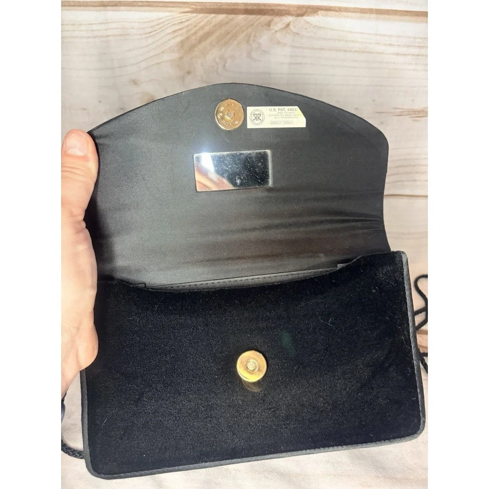 Valerie Stevens Black Velvet Clutch Purse Bag Hidden Strap‎ Mirror Eveningwear